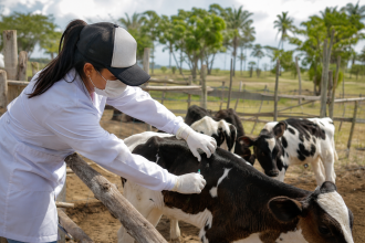 Médico-veterinário acompanha bezerras durante ação de vacinação contra brucelose em propriedade rural de Sergipe
