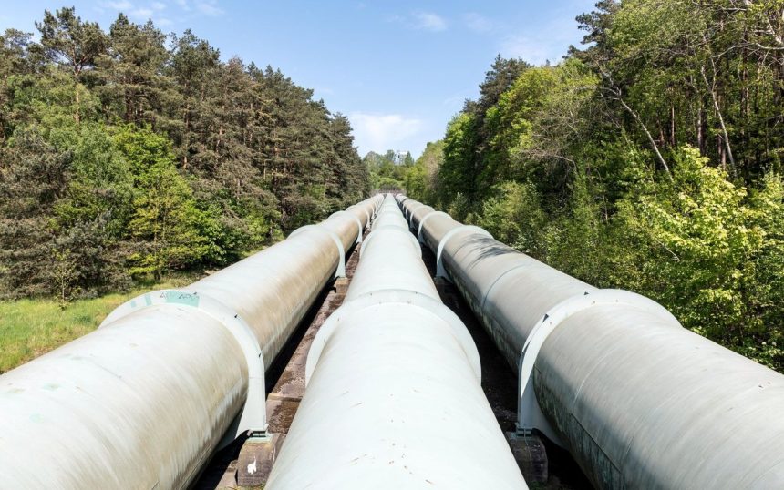 Gasoduto industrial atravessando uma área verde
