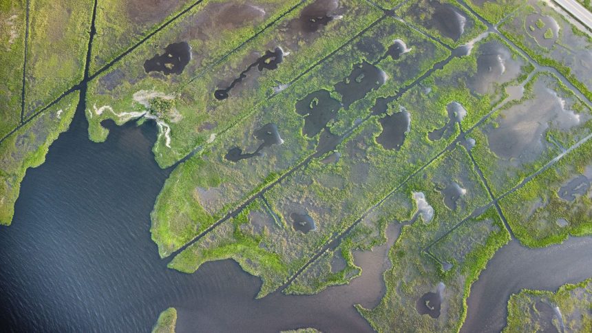 Vista aérea de áreas verdes alagáveis cortadas por canais de drenagem.